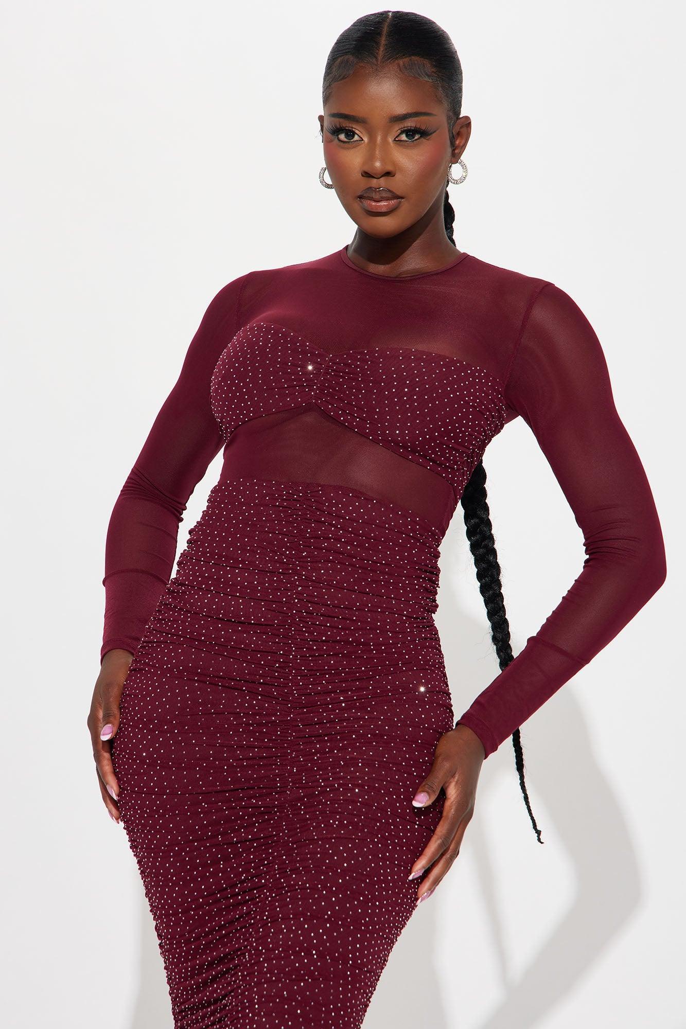 Proud Woman Sheer Rhinestone Mesh Midi Dress - Wine Product Image
