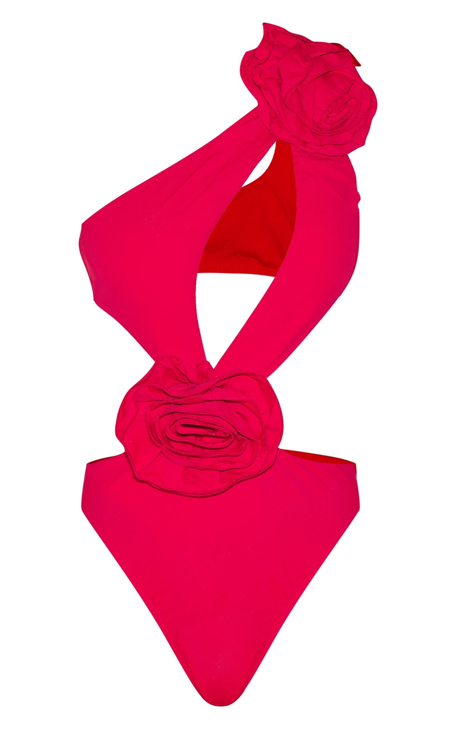 Red Flower Detail Cut Out Asymmetric Swimsuit Product Image