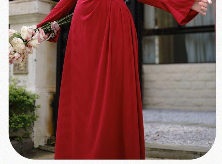 Long Sleeve V-Neck Plain Ruffle Ruched Maxi A-Line Dress Product Image