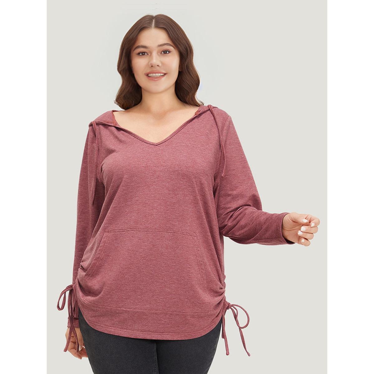 Plus Size Plain Heather Pocket Drawstring Hooded Sweatshirt Women Russet Elegant V-neck Dailywear Sweatshirts BloomChic 14-16/1X Product Image