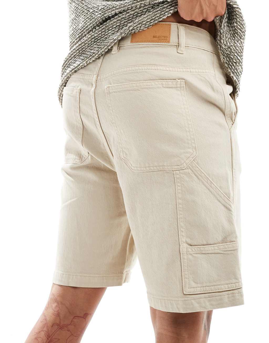 Selected Homme loose fit carpenter shorts in stone Product Image