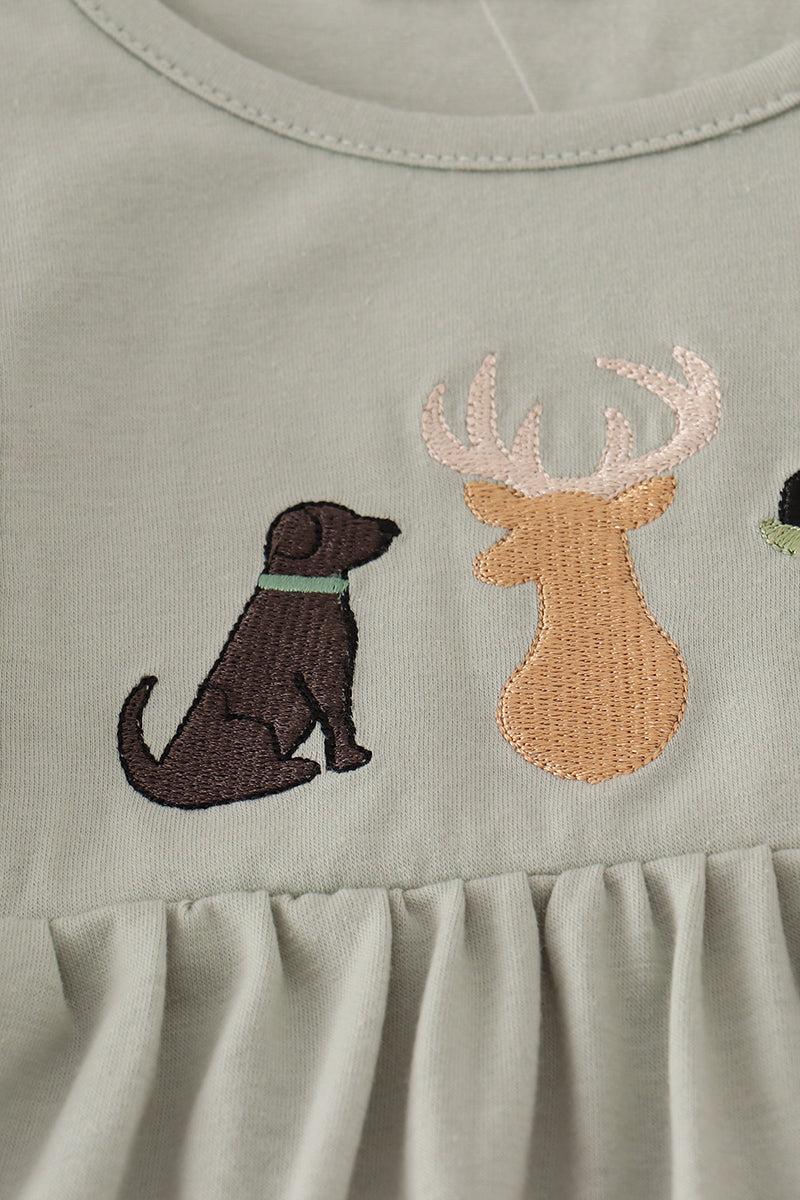 Blue dog deer embroidery ruffle pants set Product Image
