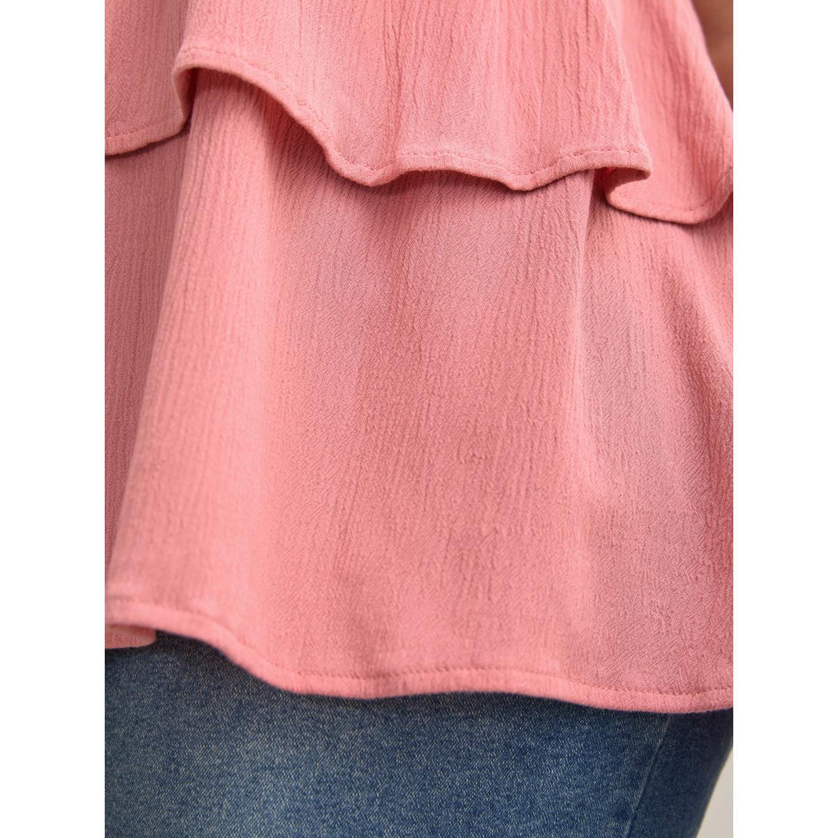 Plus Size Watermelon Rayon Ruffled Layered Hem Button Blouse Women Cap Sleeve V-neck Everyday-Elegant Blouses BloomChic 30/6X Product Image
