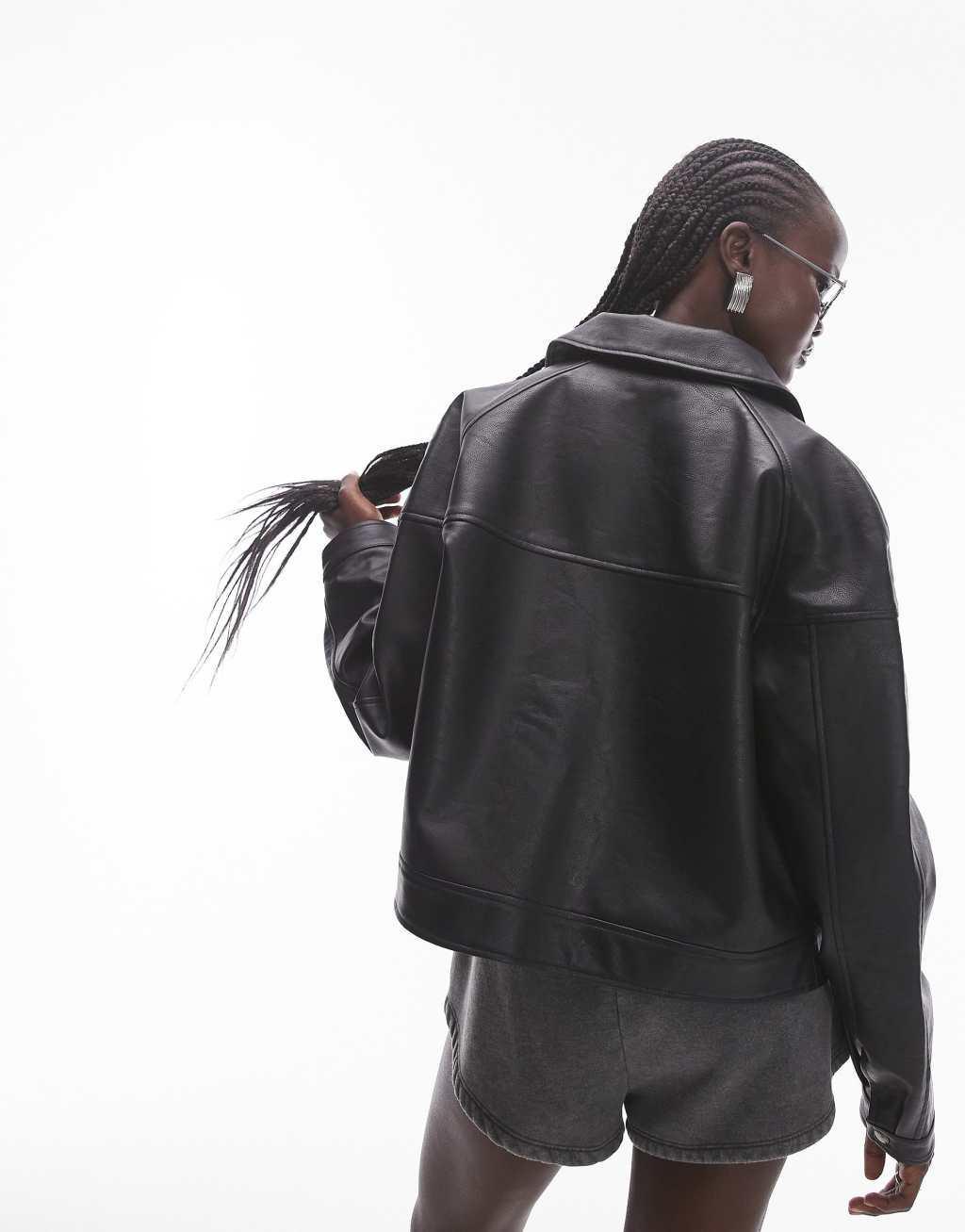 Topshop faux leather cropped zip through jacket in black Product Image
