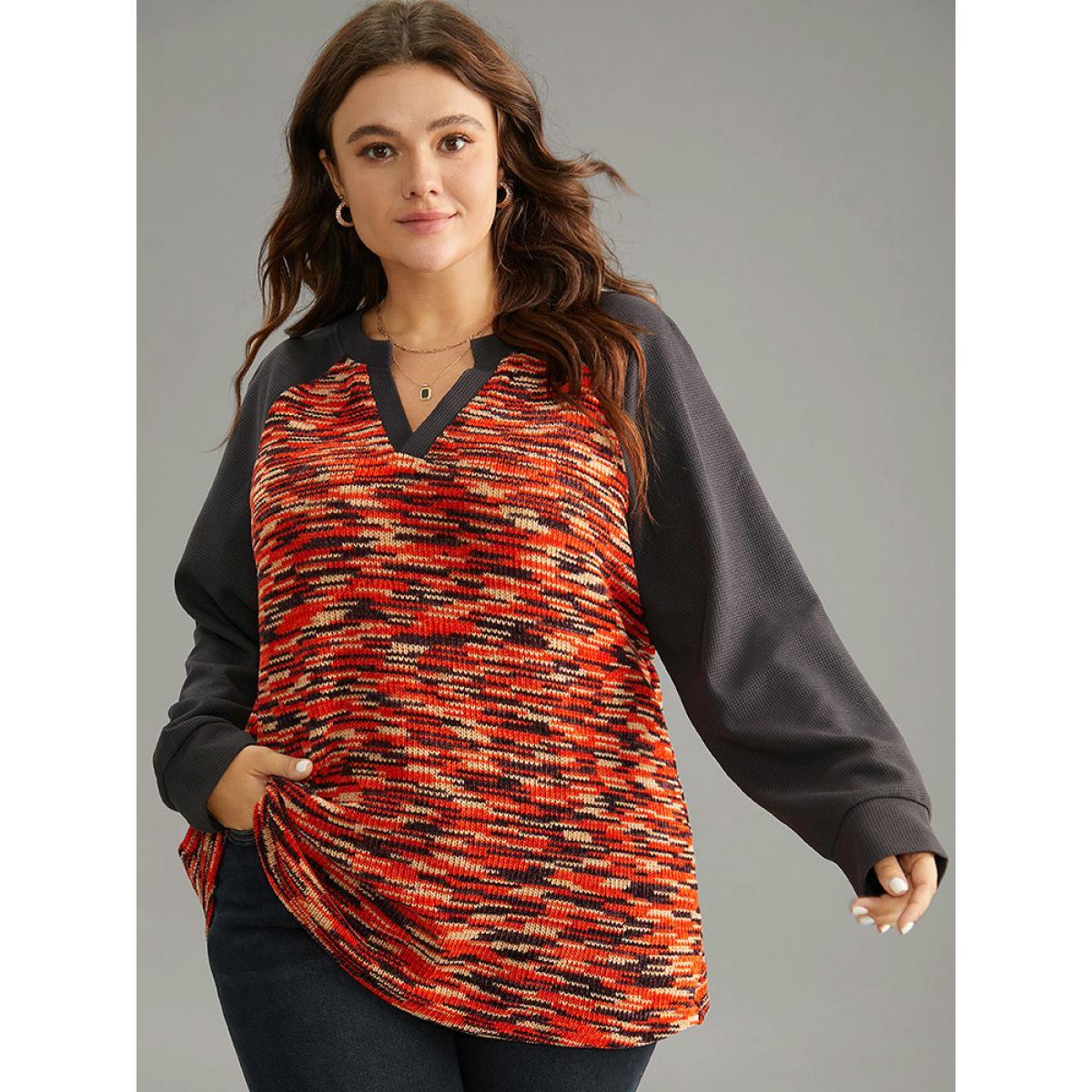 Plus Size Contrast Heather Waffle Knit Raglan Sleeve Sweatshirt Women DimGray Elegant Waffle Knit Notched collar Dailywear Sweatshirts BloomChic 12/L Product Image