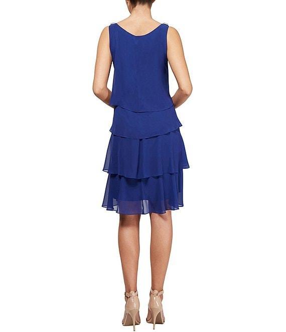 Ignite Evenings Chiffon Tulip Tiered Hem Sleeveless Round Neck Sheath Dress Product Image
