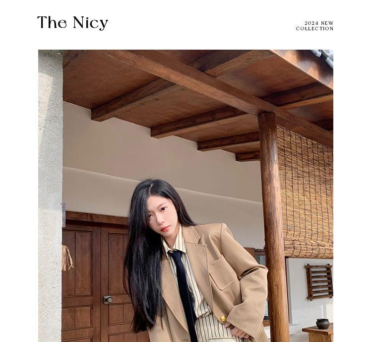 Lapel Collar Plain Single Breasted Blazer / Long-Sleeve Collared Neck Tie Striped Mini Shirt Dress Product Image