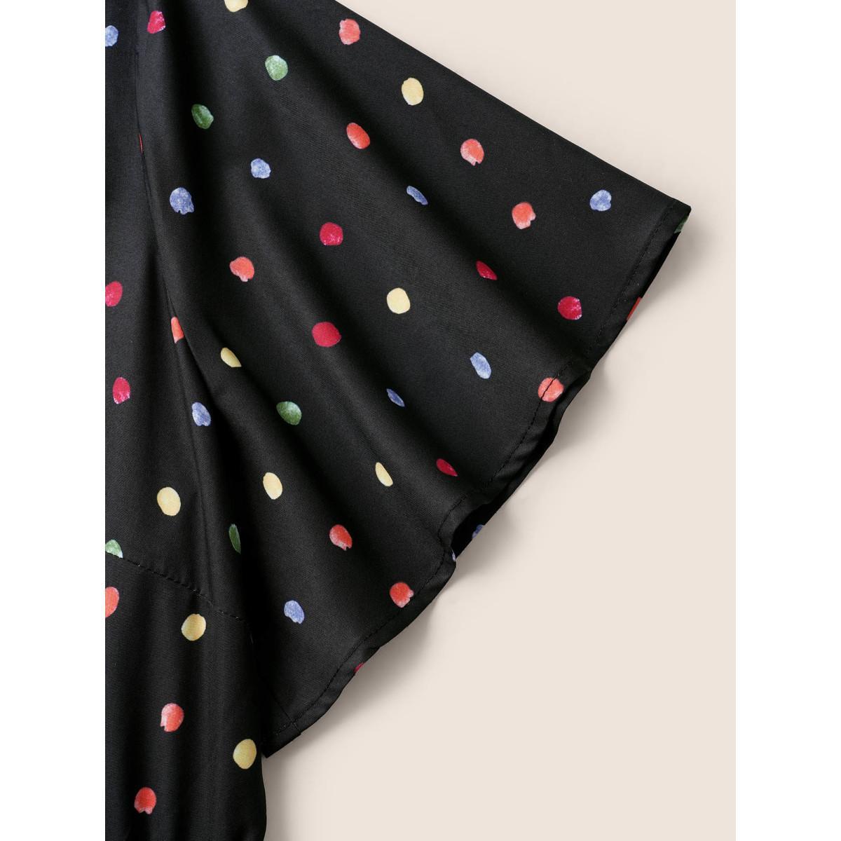 Plus Size Colored Polka Dot Overlap Collar Midi Dress Black Women Elegant Contrast Overlap Collar Short sleeve Curvy BloomChic 14-16/1X Product Image
