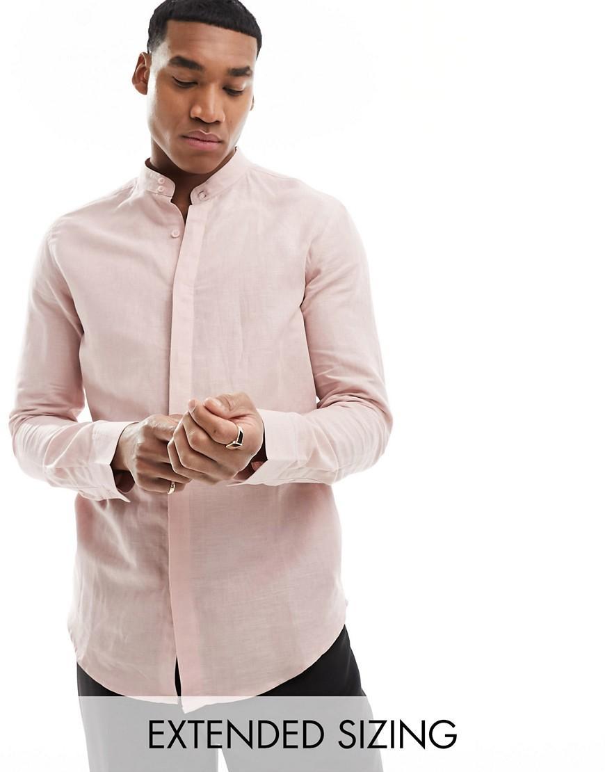 ASOS DESIGN smart linen regular shirt with deep grandad collar in black Product Image