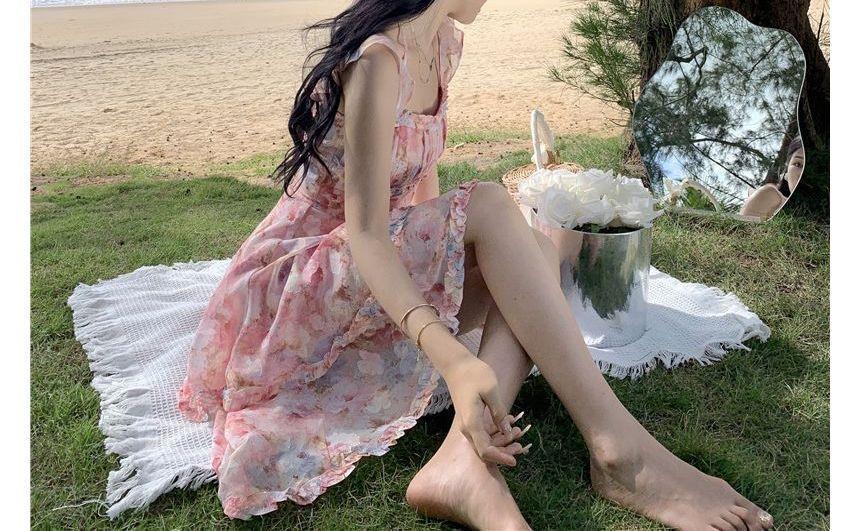 Ruffle Strap Floral Print Asymmetrical Midi Layered Sundress Product Image