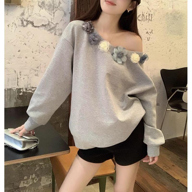 Off-Shoulder Asymmetrical Floral Accent Sweatshirt Product Image