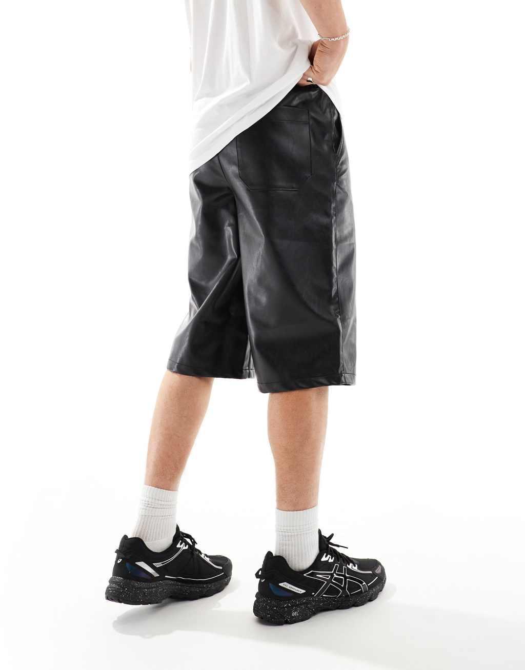 ASOS DESIGN leather look jorts in longer length in black Product Image