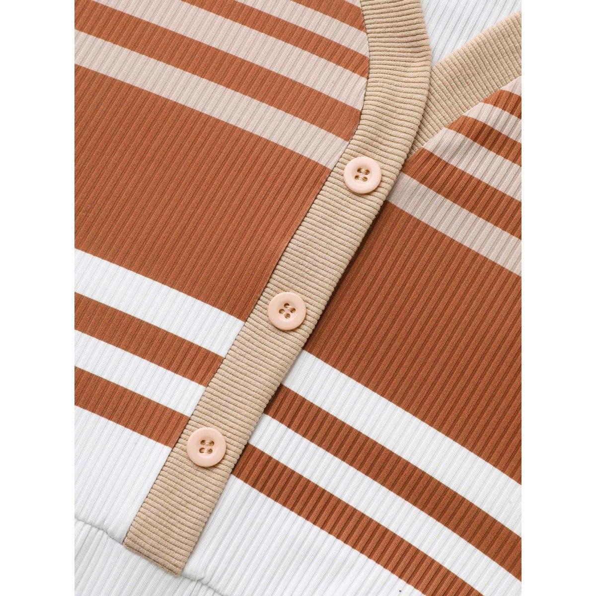 Plus Size Contrast Striped V Neck Midi Dress Yellowishbrown Women Elegant Texture V-neck Extra Long Sleeve Curvy BloomChic 22-24/3X Product Image