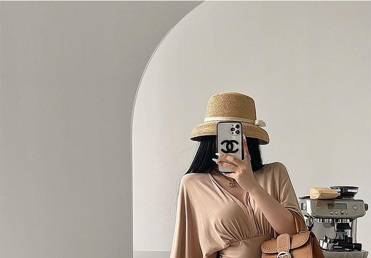 Long Sleeve V-Neck Plain Gathered Slit Maxi Sheath Dress Product Image