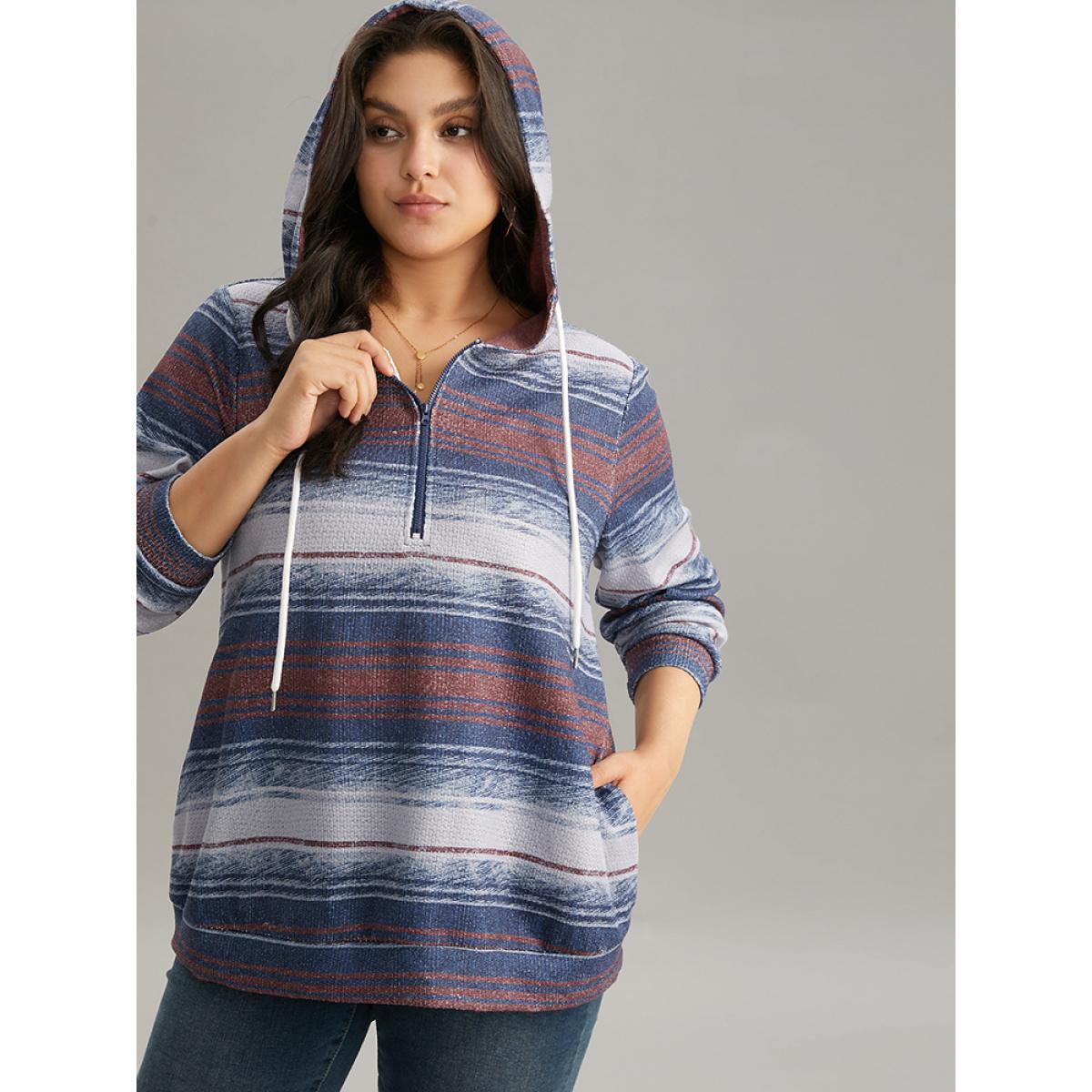 Plus Size Colour Striped Hooded Pocket Half Zip Sweatshirt Women Indigo Casual Contrast Hooded Dailywear Sweatshirts BloomChic 26/4X Product Image