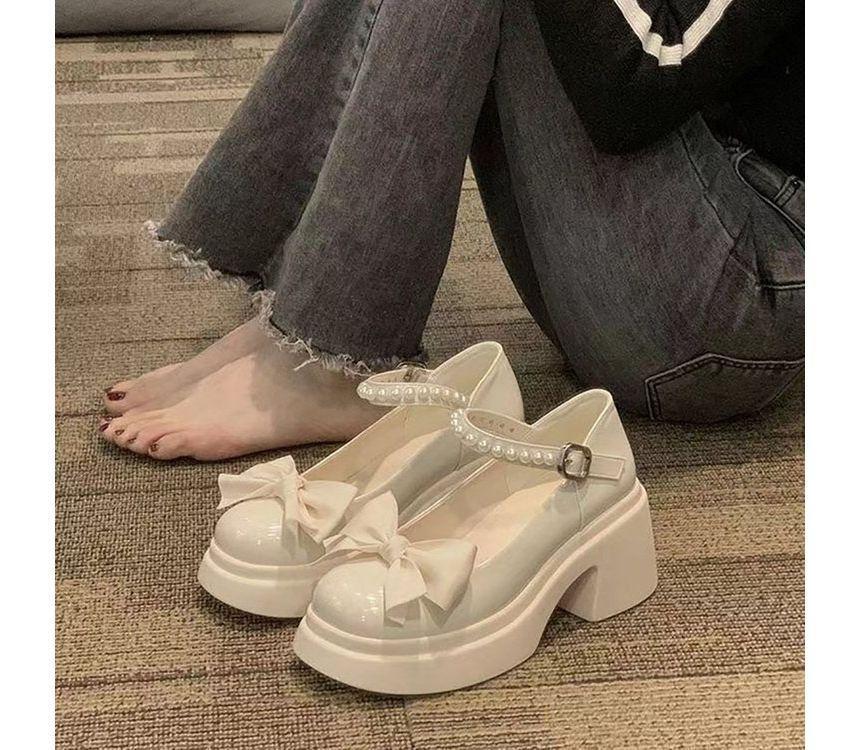 Platform Chunky Heel Bow Faux Pearl Strap Mary Jane Shoes Product Image