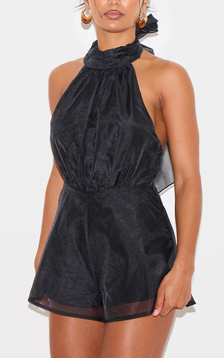 Black Organza High Tie Neck Romper Product Image