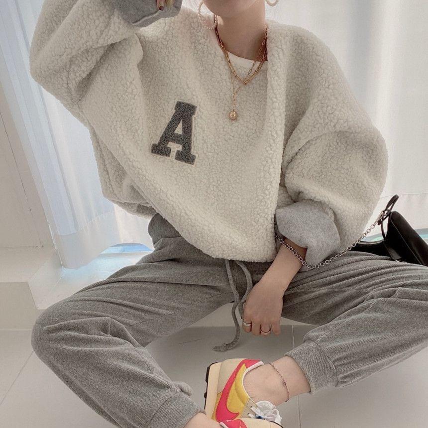 Round Neck Letter Embroidered Faux Shearling Oversized Sweatshirt Product Image