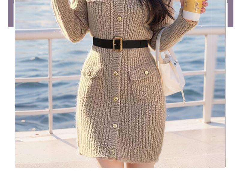 Long Sleeve Round Neck Plain Button Down Cable Knit Mini Sweater Dress Product Image