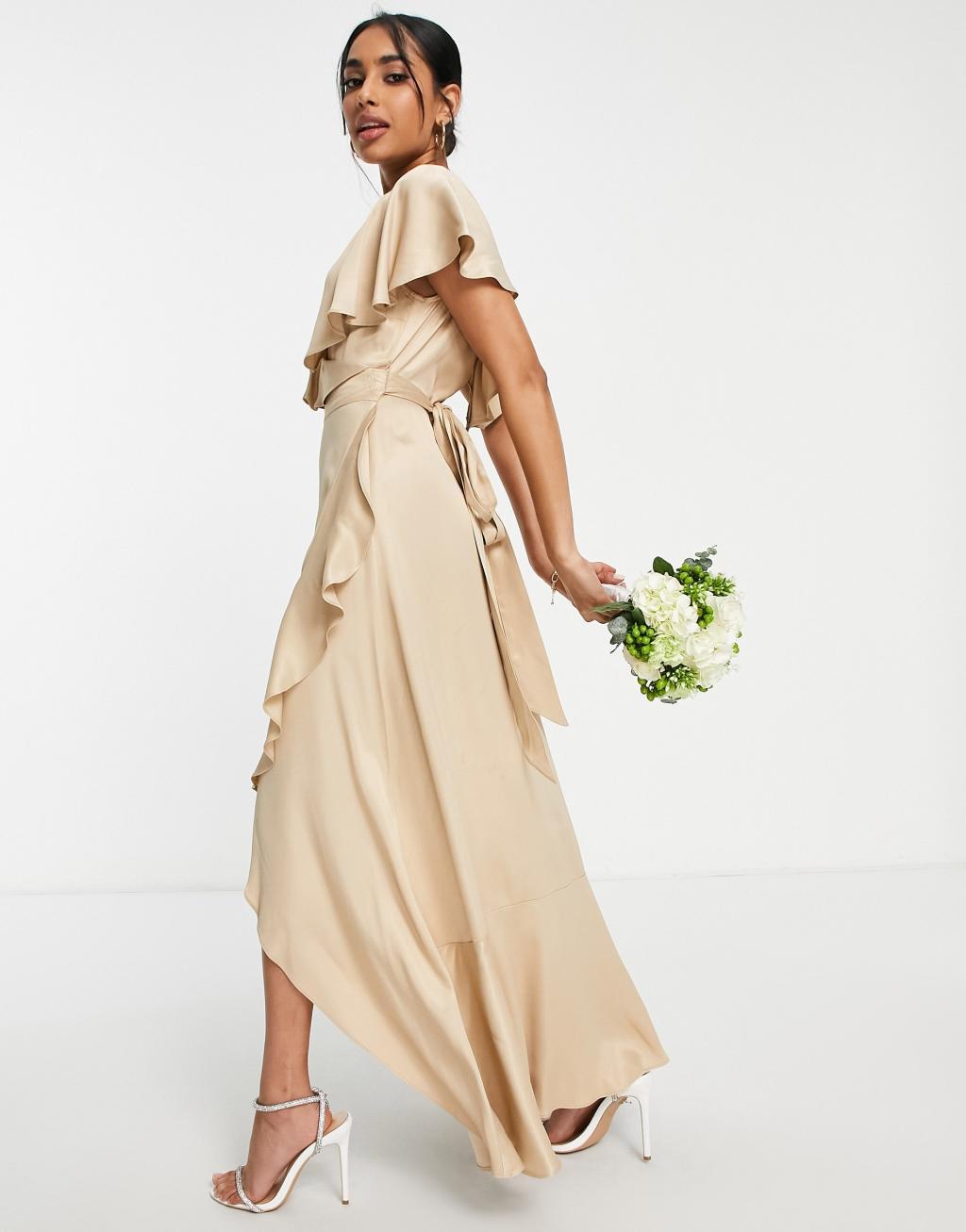 Topshop Petite bridesmaid satin frill wrap dress Product Image