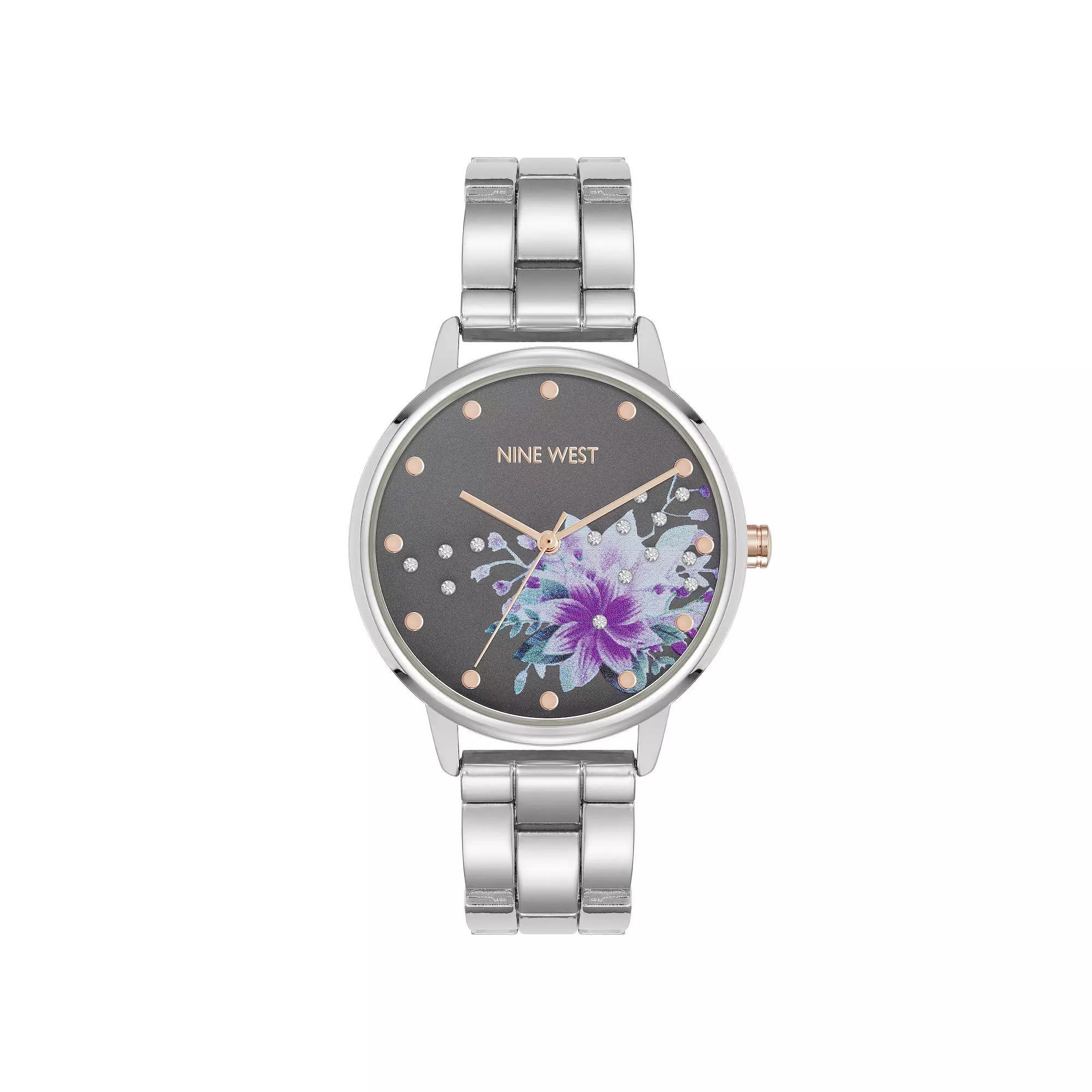 Nine West Women's Floral Dial Scattered Crystal Polished Link Watch, Size: 36MM, Silver Floral Product Image
