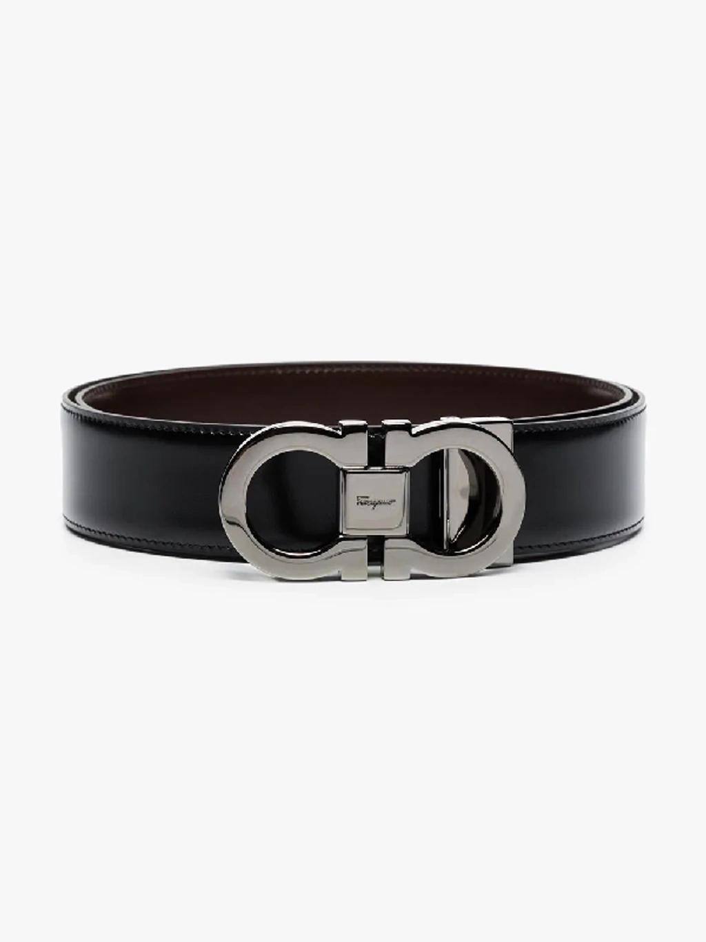 FERRAGAMO Black And Brown Gancini Reversible Leather Belt Product Image