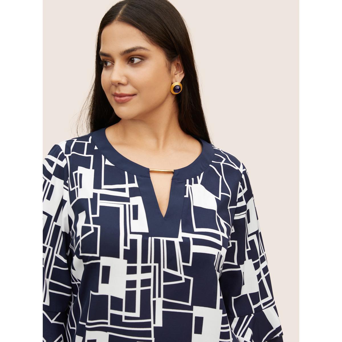 Plus Size Indigo Geometric Keyhole Ruffles Metal Detail Blouse Women At the Office Elbow-length sleeve Round Neck Work Blouses BloomChic 28/5X Product Image