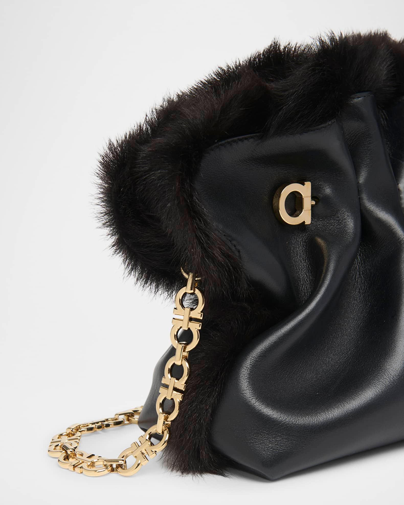 Ruched Shearling-Trim Soft Shoulder Bag Product Image