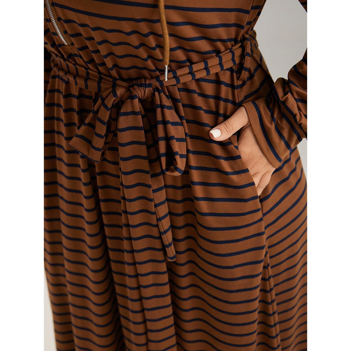 Plus Size Striped Belted Zipper Drawstring Dress Brown Women Casual Belted Hooded Long Sleeve Curvy Midi Dress BloomChic 10/M Product Image