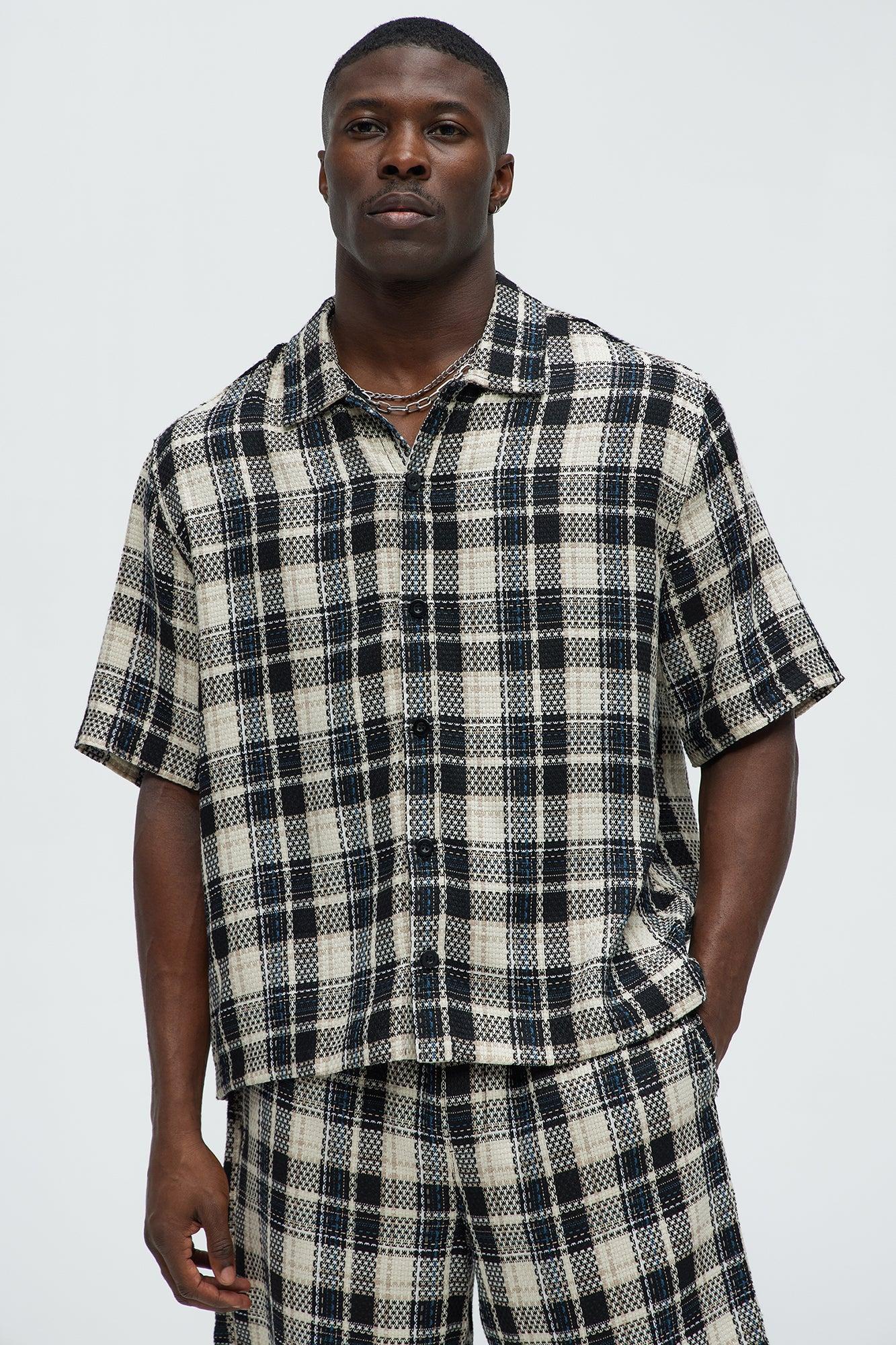 Plaid Basket Weave Cropped Button Up Shirt - Black/combo Product Image