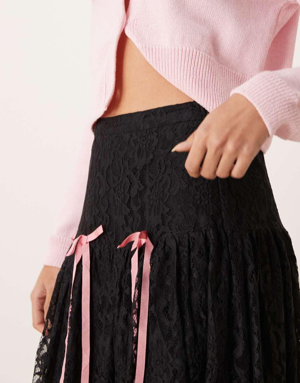 Miss Selfridge lace bow detail tiered maxi skirt in black Product Image