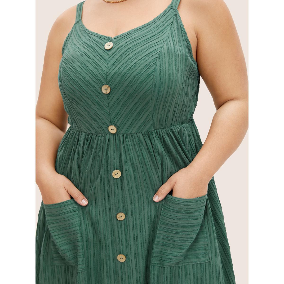 Plus Size Plain Textured Button Detail Cami Dress Emerald Women Casual Texture Non Sleeveless Curvy Midi Dress BloomChic 14-16/1X Product Image
