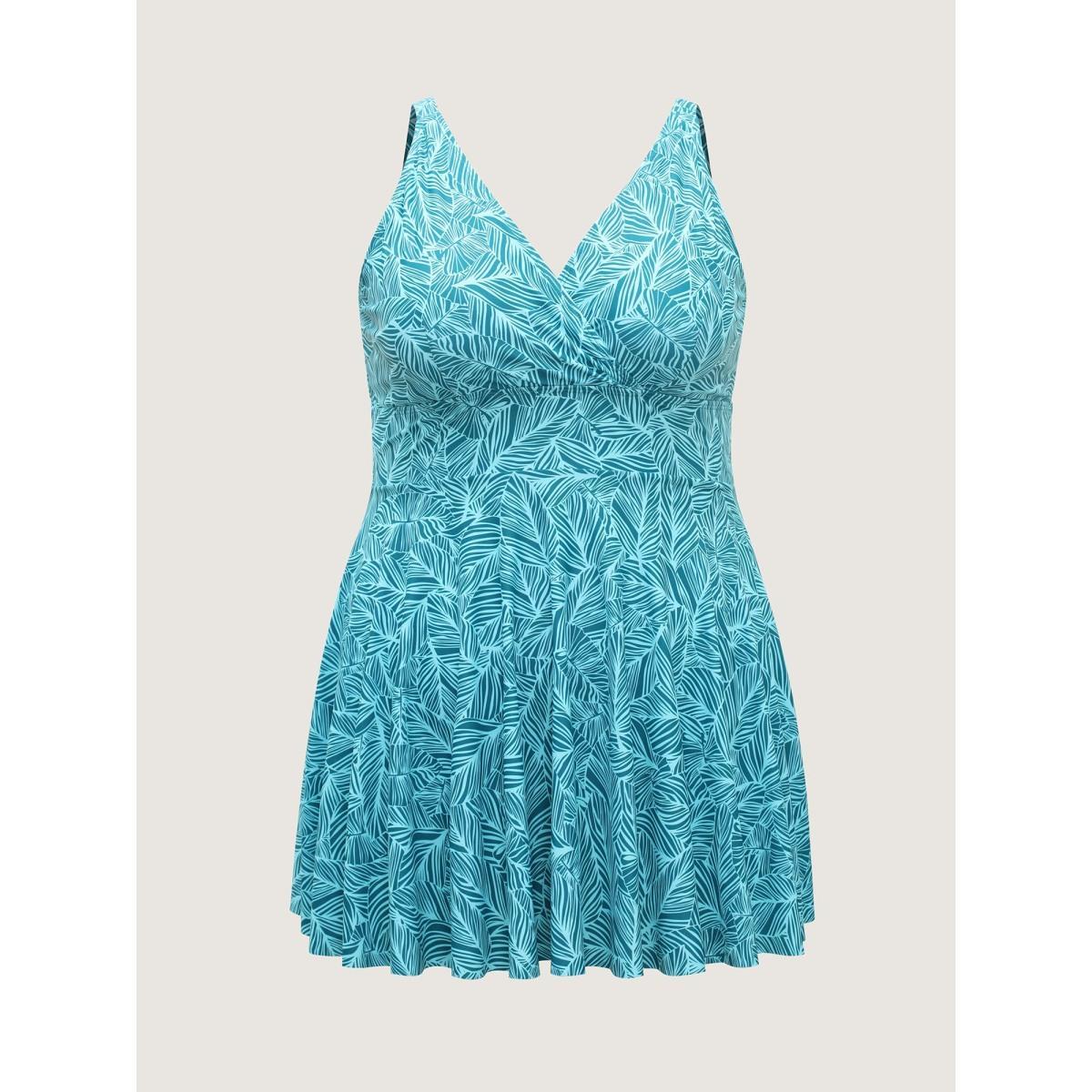 Plus Size Leafy Print Fit and Flare Swim Dress Women's Swimwear Cyan Beach Bodycon Overlap Collar High stretch Curve Swim Dresses BloomChic 18-20/2X Product Image
