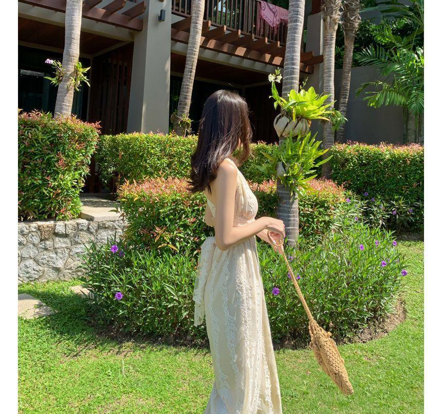 Sleeveless V-Neck Plain Lace Trim Wide Leg Jumpsuit Product Image