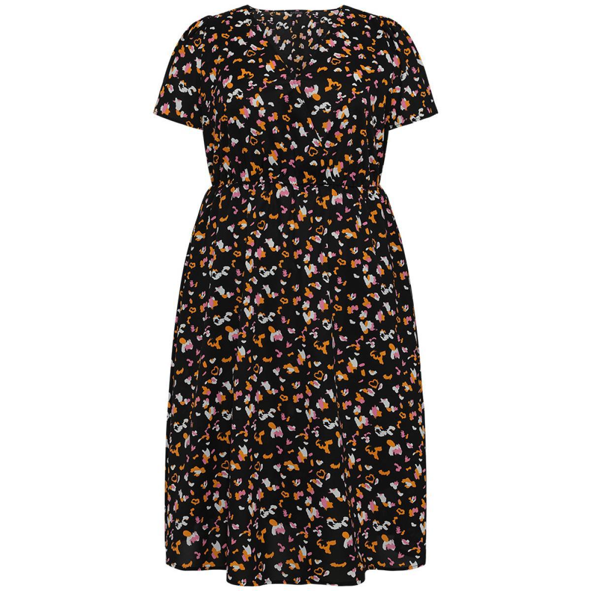 Plus Size Colour Leopard Print Wrap Elastic Waist Ruffle Hem Dress Black Women Elegant Elastic Waist V-neck Short sleeve Curvy Midi Dress BloomChic 12/L Product Image