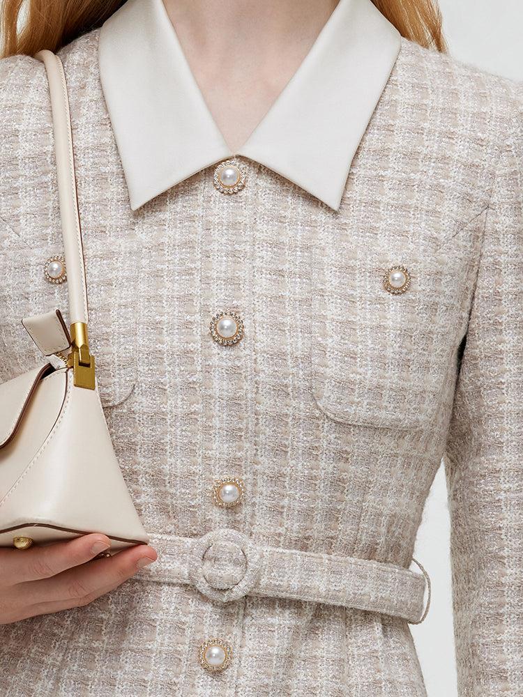 Wool Blend Tweed Patchwork Lapel Women Midi Dress With Belt Product Image