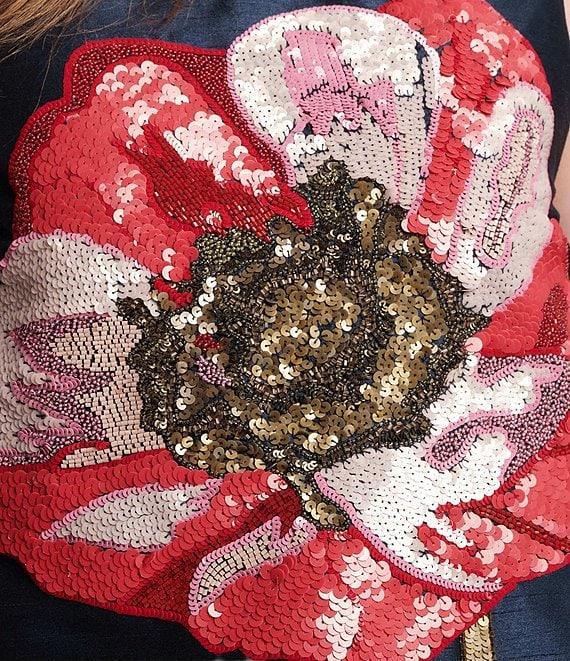 FRANCES VALENTINE Alice Sequin Paradise Poppy Embroidered Dupion Scoop Neck Sleeveless Shift Dress Product Image