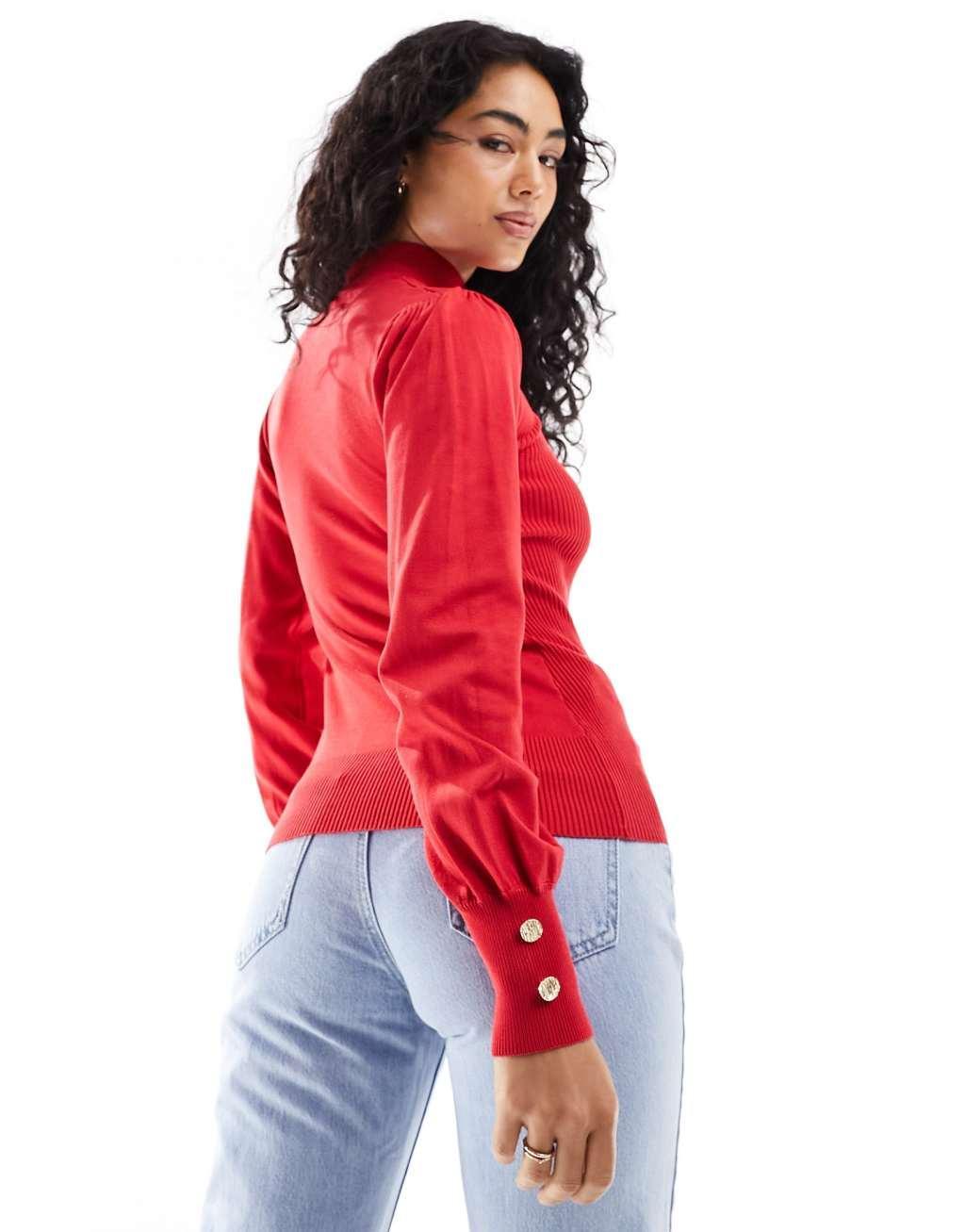 River Island turtle neck ribbed top with button sleeve detail Product Image