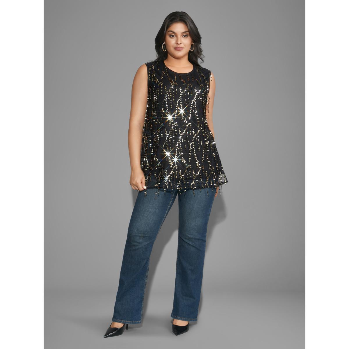 Plus Size Sequin Mesh Tassel Trim Tank Top Women Black Elegant Tassels Round Neck Everyday Tank Tops Camis BloomChic 26/4X Product Image