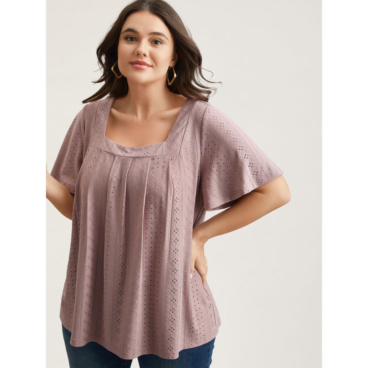 Plus Size Textured Cut-Out Square Neck Shirt DustyPink Women Casual Texture Square Neck Everyday T-shirts BloomChic 28/5X Product Image