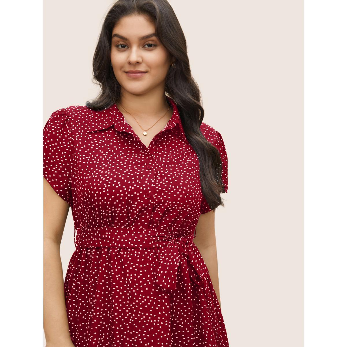 Plus Size Polka Dot Shirt Collar Pocket Button Up Dress Brightred Women At the Office Non Shirt collar Short sleeve Curvy Midi Dress BloomChic 18-20/2X Product Image
