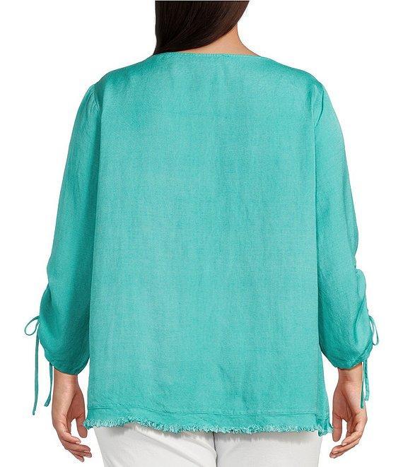 Ali Miles Plus Size Linen Blend Round Neck 3/4 Cinched Tie Sleeve Tunic Product Image