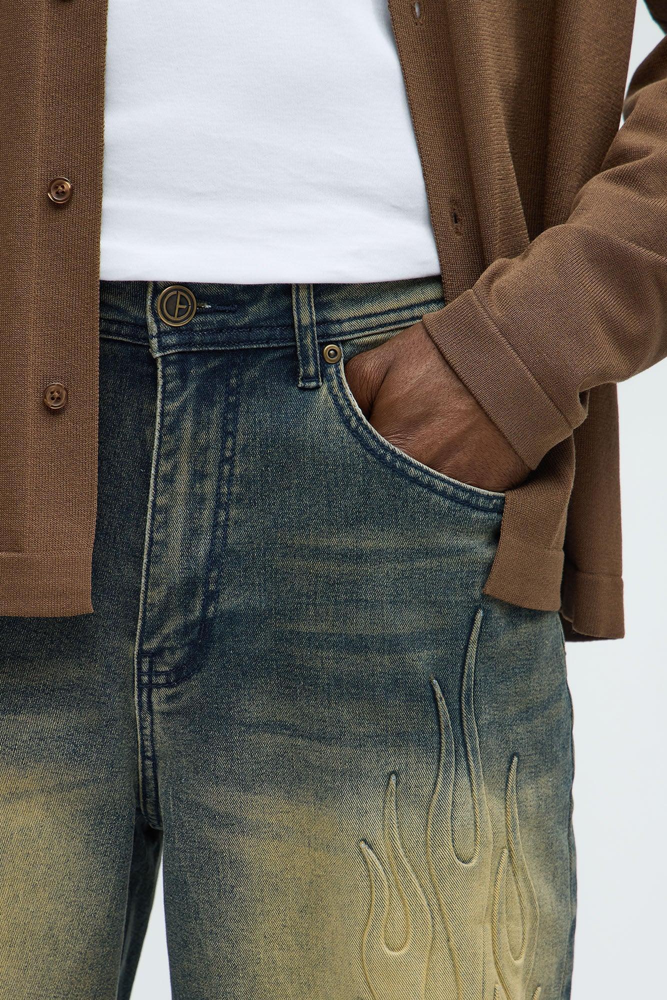 Relaxed Embossed Flame Denim Shorts - Vintage Blue Wash Product Image