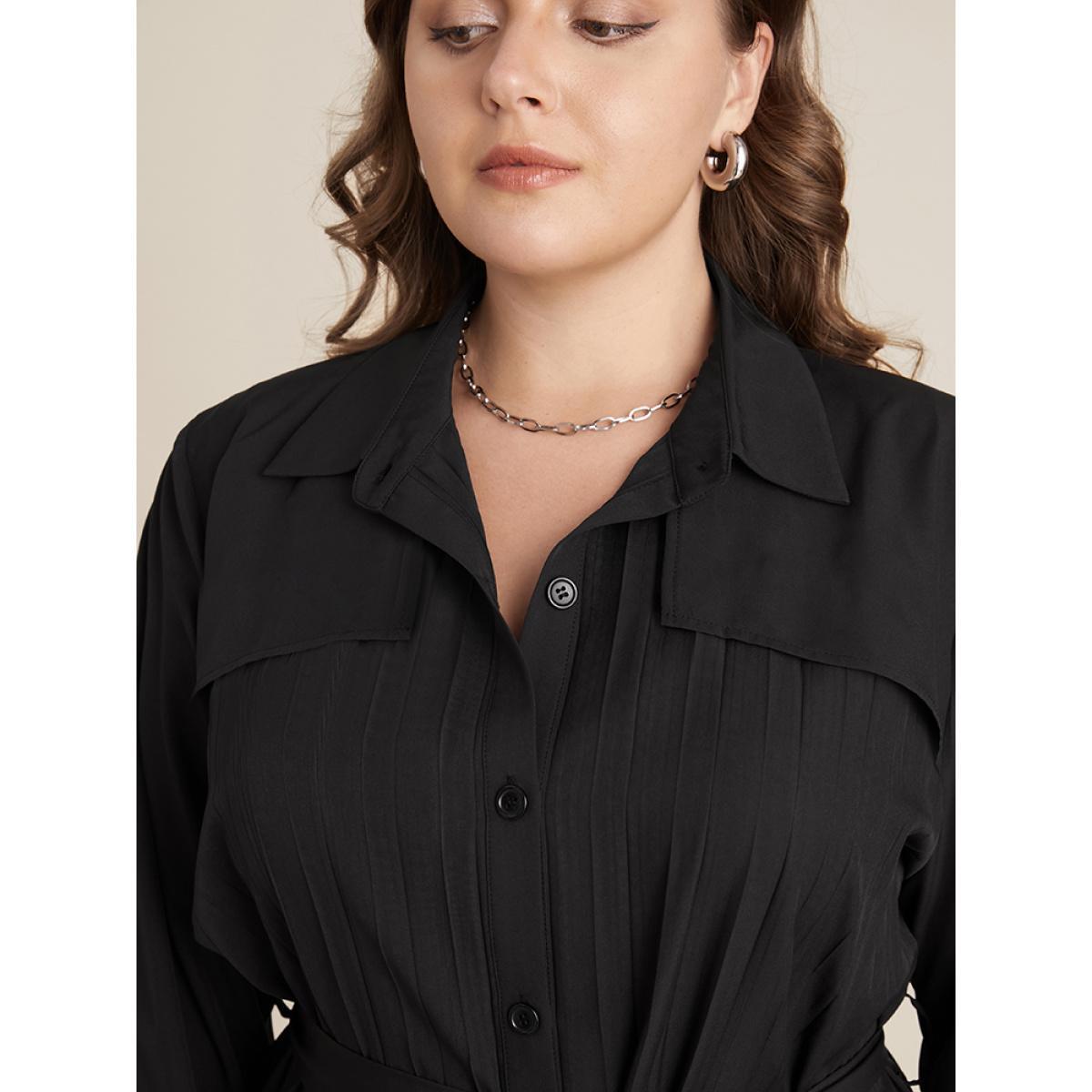 Plus Size Solid Belted Pleated Shirt Collar Dress Black Women Office Belted Shirt collar Long Sleeve Curvy Midi Dress BloomChic 12/L Product Image