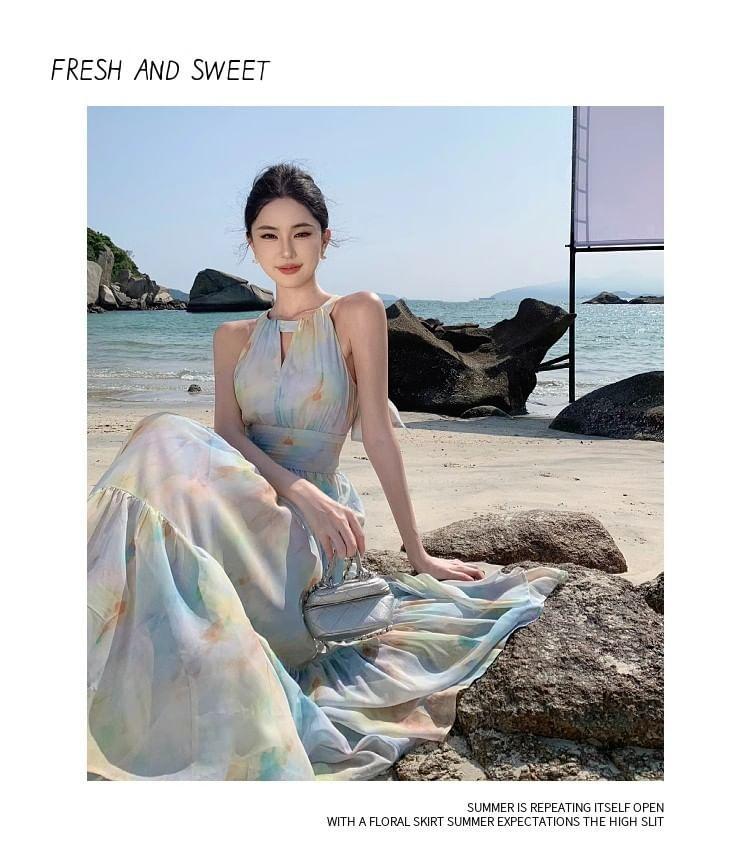 Halter Neck Sleeveless Tie Dye Midi A-Line Dress Product Image
