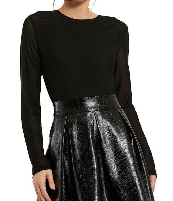 Mac Duggal Mesh And Leather High Neck Long Sleeve A-Line Mini Dress Product Image