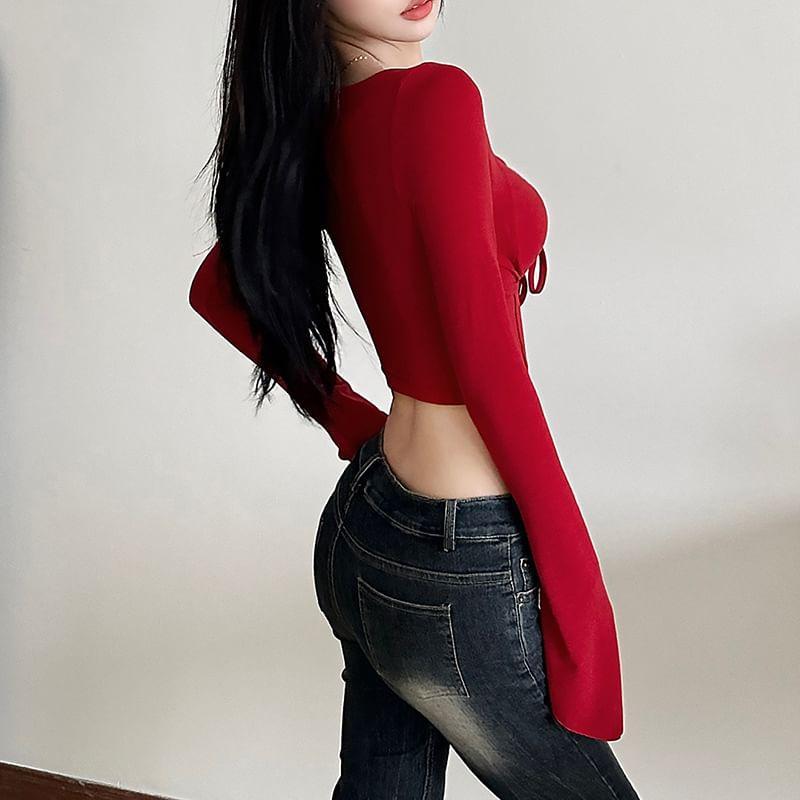 Bell Sleeve Square-Neck Plain Drawstring Slim-Fit Crop Top Product Image