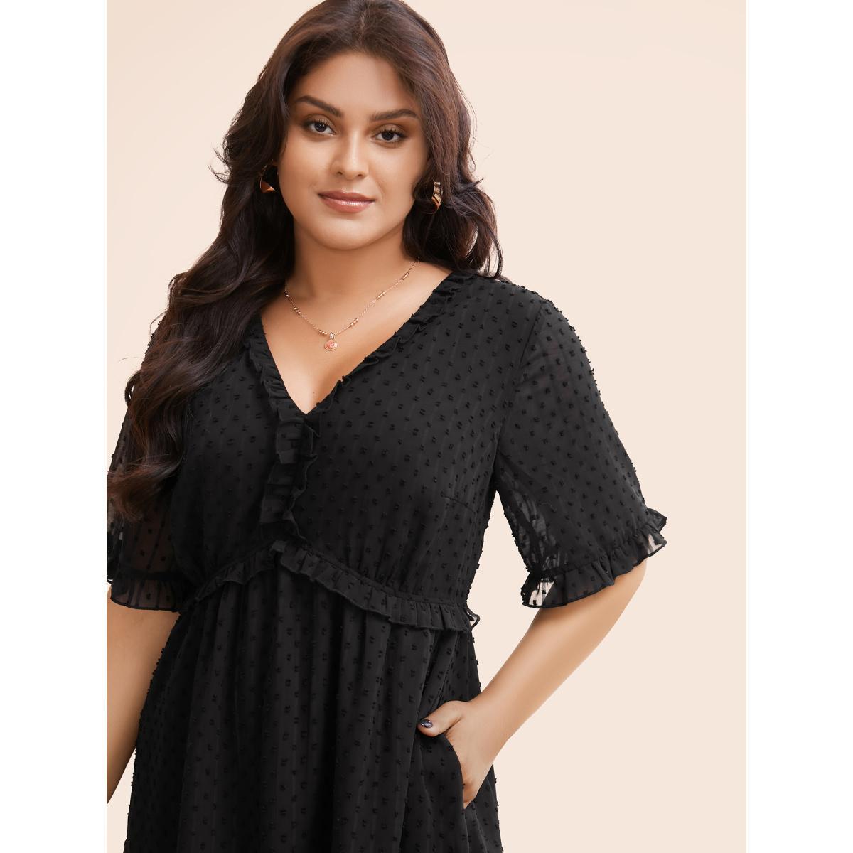 Plus Size Jacquard V Neck Ruffle Sleeve Dress Black Women Elegant Texture V-neck Half Sleeve Curvy BloomChic 18-20/2X Product Image