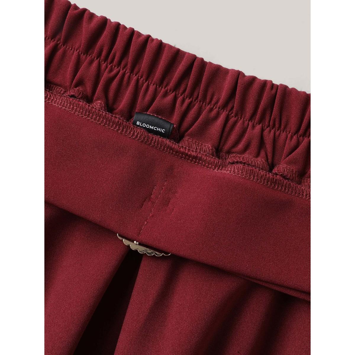 Plus Size Buckle Detail Pleated Midi Skirt Women Burgundy Formal Belted Low stretch Slanted pocket Belt Party Skirts BloomChic 12/L Product Image