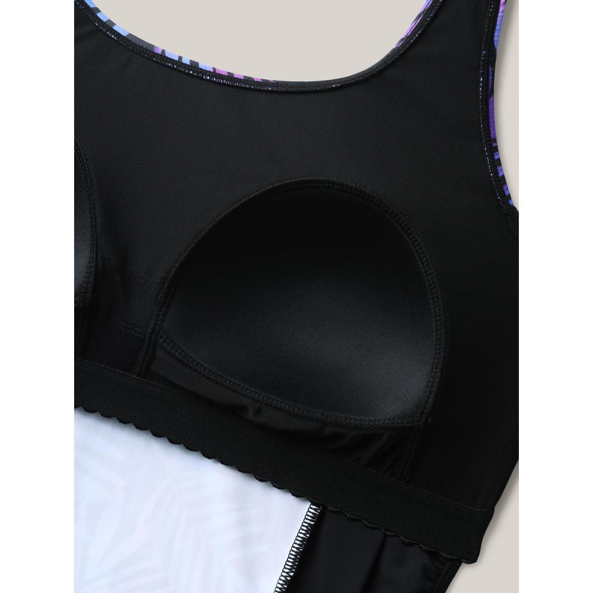 Plus Size Tropical Floral Print Spliced Swim Top Women's Swimwear Black Beach Gathered High stretch Skinny U-neck Curve Swim Tops BloomChic 22-24/3X Product Image